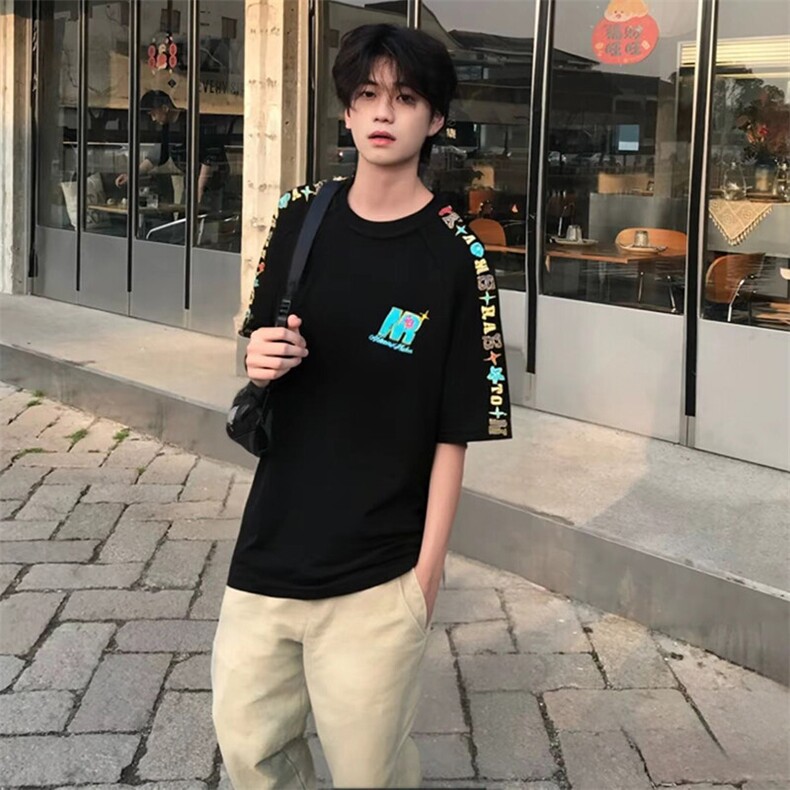 彩色字母刺绣短袖t恤男夏季美式情侣潮牌半截袖户外运动透气体恤,男装T恤,电商A486-1