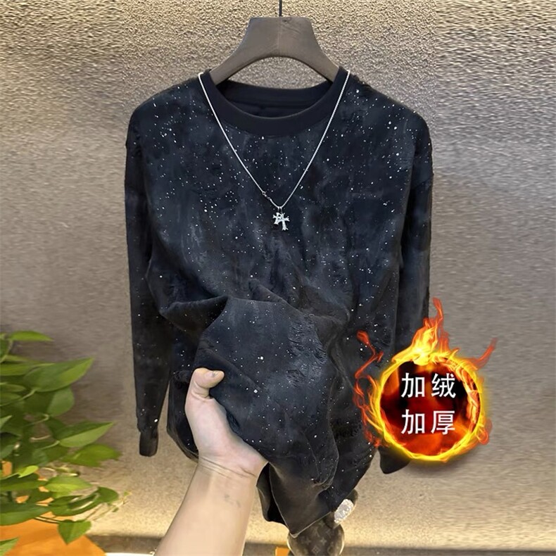 秋冬新款破洞加绒卫衣男满天星渐变上衣宽松休闲长袖t恤男款卫衣,男装卫衣,电商B212（原钱塘6029）