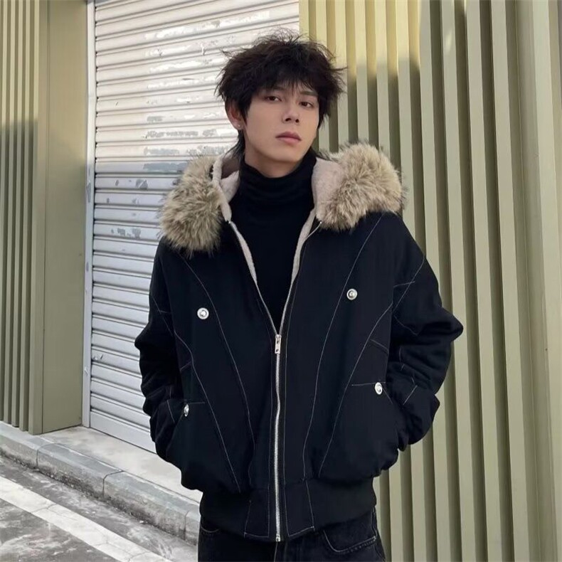 现货重磅boxy短款棉衣座山雕大毛毛领男女棉服水洗工装厚外套，男装棉衣，电商A486