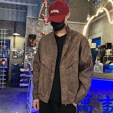 美式复古做旧机车风休闲宽松立领皮衣外套男女同款A140/P78，男装皮衣，星座506