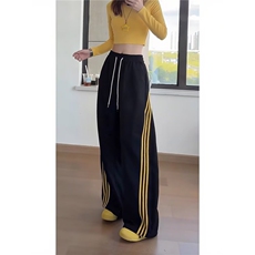 2025早春新款美式复古三条杠条纹撞色阔腿弯刀裤子女宽松运动卫裤，男装休闲裤，星座506A