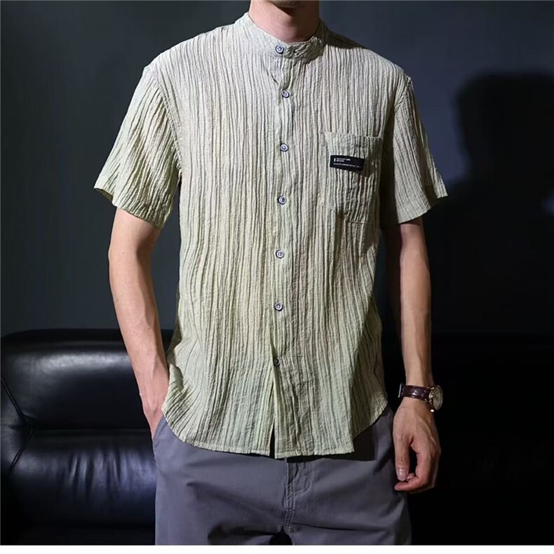 棉麻短袖衬衫男士夏季风休闲衬衣纯色薄款小立领男装上衣,男装T恤,星座1210-1