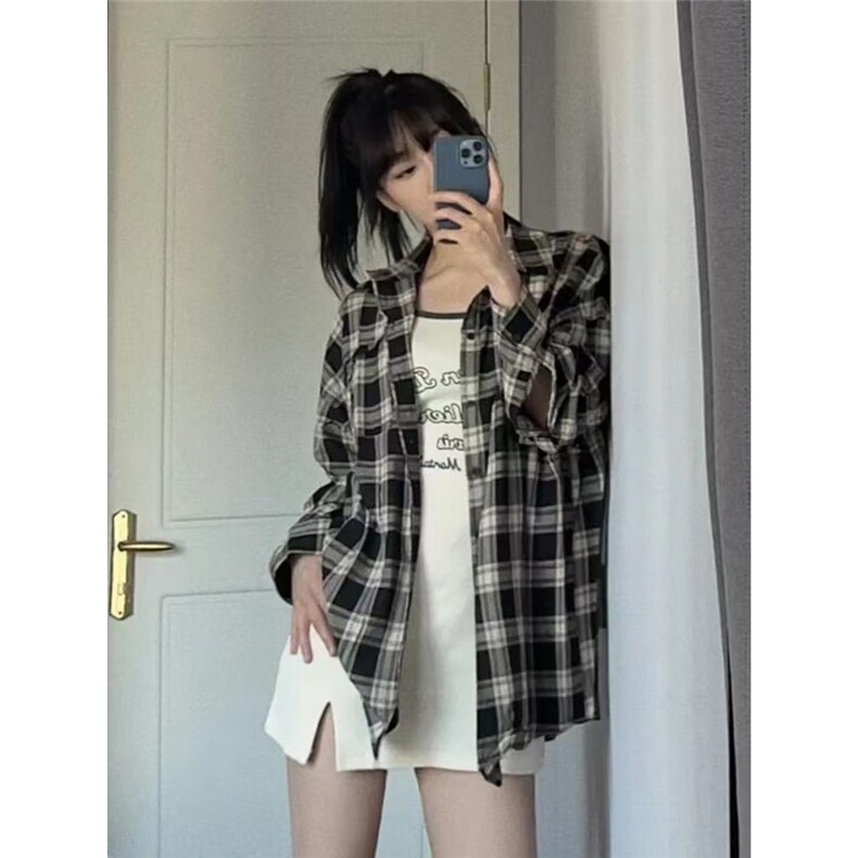 格子防晒衬衫女秋季bf慵懒风衬衣外套设计感小众长袖上衣,男装衬衫,星座1210-1