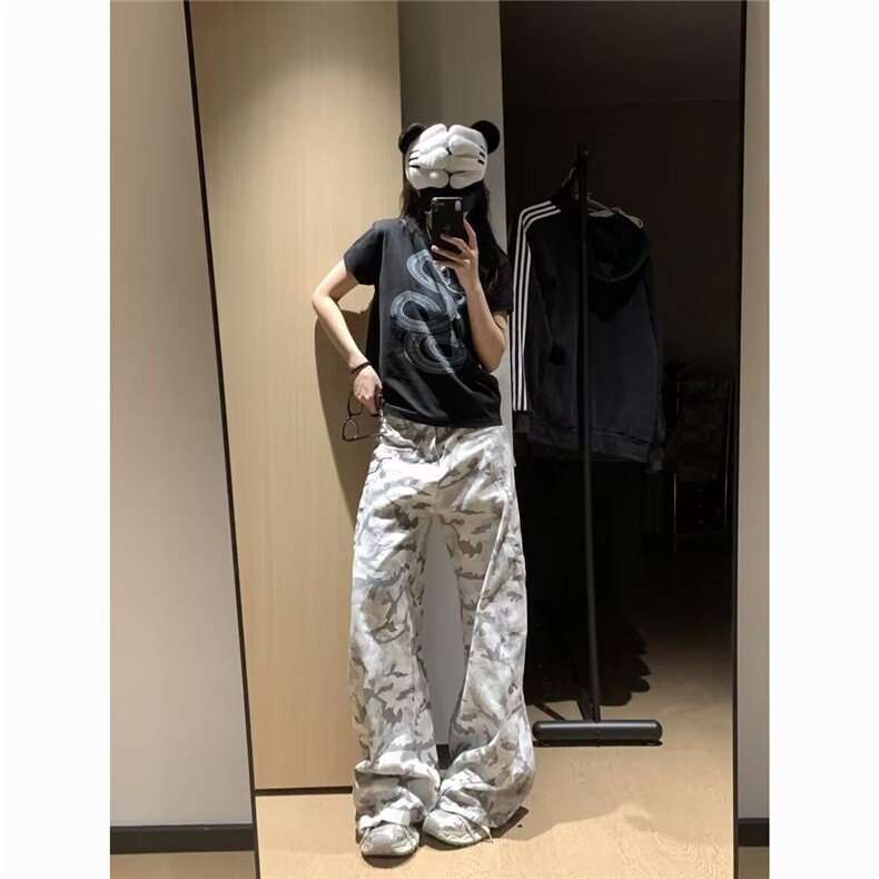 美式复古直筒迷彩裤女街头高级感百搭宽松堆积感长裤子潮N8334,男装休闲裤,星座208-5