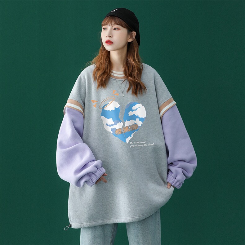2024春季新品潮爱心印花撞色宽松休闲圆领卫衣B126P55控68,男装卫衣,A247A