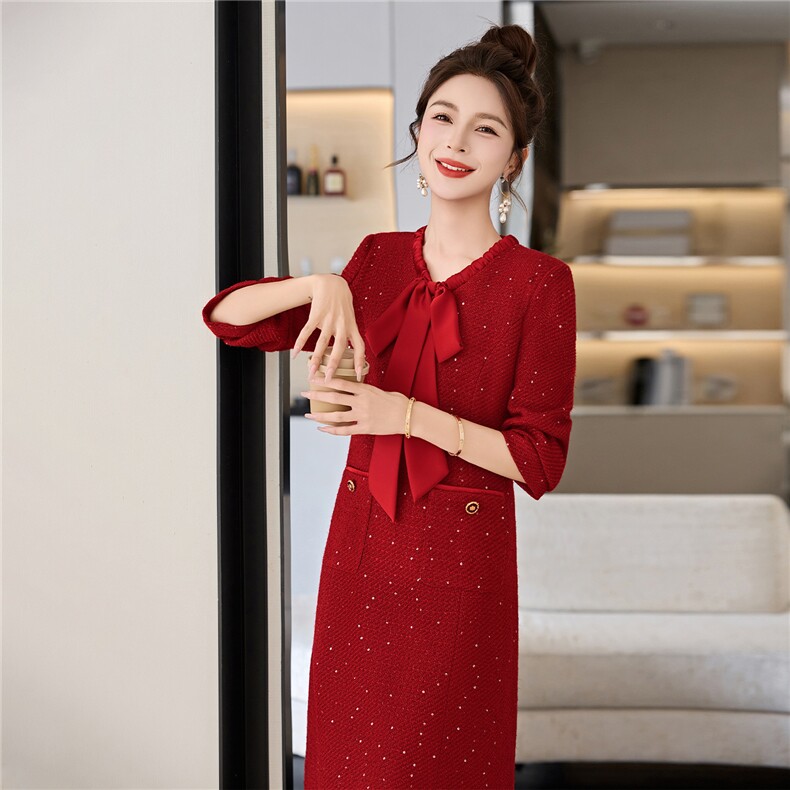 罗得堡2026年春装新款连衣裙气质修身毛呢2601,女装连衣裙,罗得堡