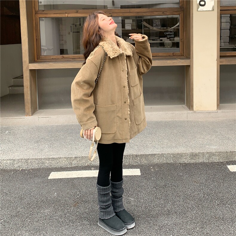 韩系翻领灯芯绒羊羔毛拼接羽绒服女冬季宽松加厚保暖中长款外套潮,女装羽绒服,2C292