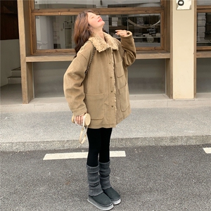 韩系翻领灯芯绒羊羔毛拼接羽绒服女冬季宽松加厚保暖中长款外套潮图片