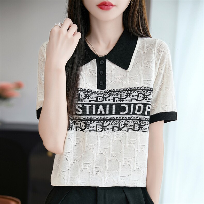 时尚单品~天丝莱塞尔polo领字母提花短袖T恤女宽松翻领针织上衣,女装T恤,羿纯羊绒