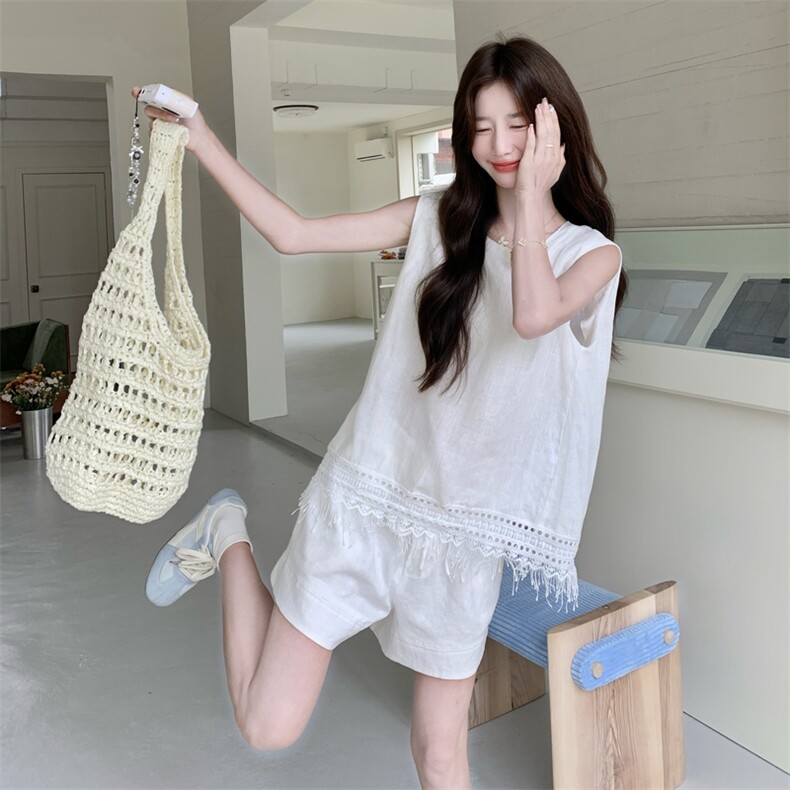 白色休闲简约流苏无袖背心套装女2025夏小个子时尚减龄短裤两件套,女装套装/套裙,2C166