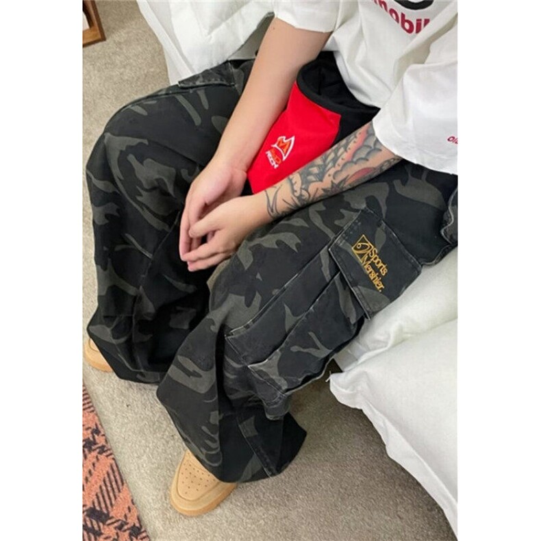 多口袋迷彩阔腿裤女潮牌街头嘻哈休闲直筒宽松工装休闲裤KB41,男装休闲裤,星座1116A（原606A-3）