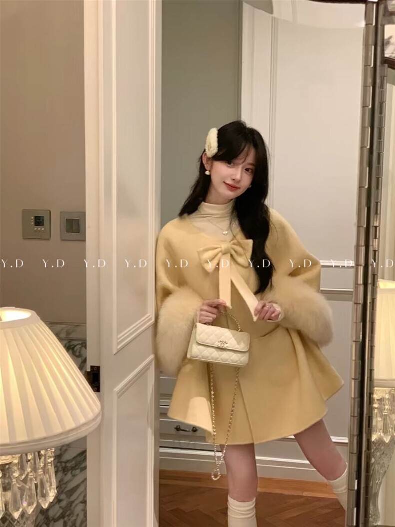 【依嘟】蝴蝶结狐狸毛围脖富家千金高级感羊毛外套(配可拆真狐狸，女装双面呢大衣，依嘟服饰