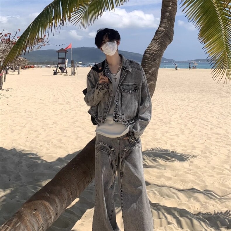 春秋款做旧水洗夹克男2025新款痞帅牛仔外套美式潮牌百搭翻领上衣,男装工装外套,星座1210-1