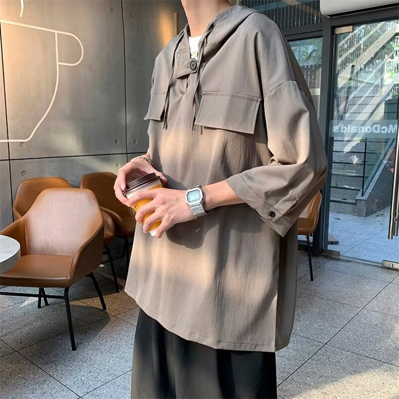 C450-P332024夏季新款连帽冰丝短袖衬衫男潮牌宽松日系上衣现货,男装衬衫,星座512-6