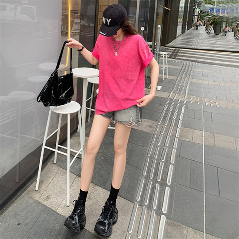 女夏季新款简约宽松圆领百搭纯色短袖T恤设计感时尚休闲运动上衣,女装T恤,江南