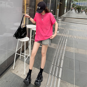 女夏季新款简约宽松圆领百搭纯色短袖T恤设计感时尚休闲运动上衣图片