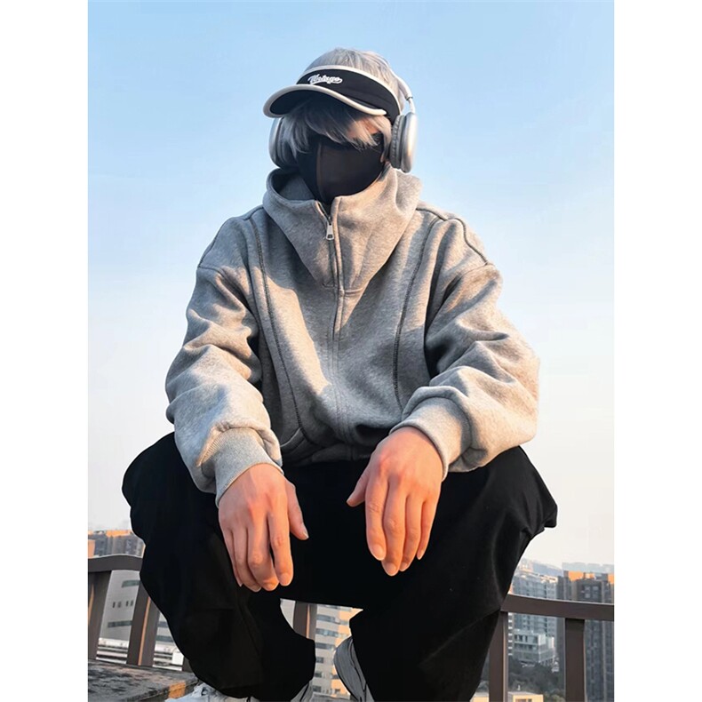 抖音得物高品质秋冬美式高街重磅结构辑明线纹理连帽卫衣外套W111,女装短外套,电商A486-1