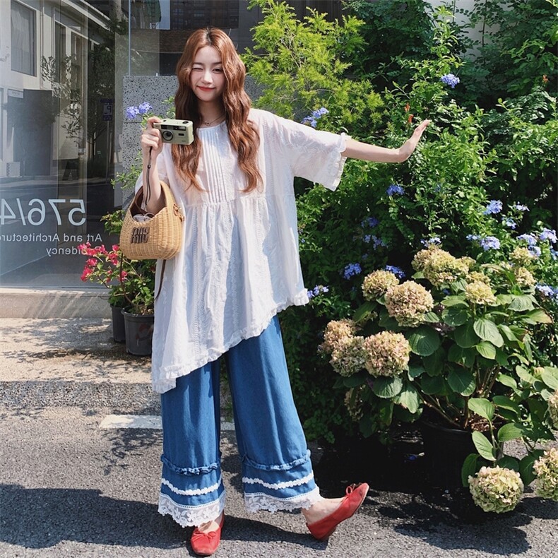 不规则刺绣碎花衬衫阔腿裤套装女夏2025新款超火绝美温柔风两件套,女装套装/套裙,浙宝217