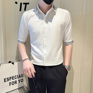 店主风社会小伙男绣花七分袖衬衫男潮流休闲衬衣301A-1/CS567/P55