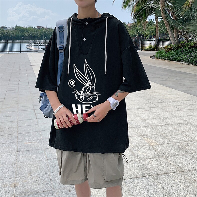LD54179-P45连帽短袖t恤男大码胖子带帽五分袖中袖,男装T恤,电商A040