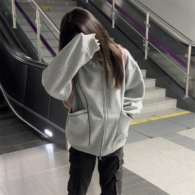 抖音得物高品质秋冬美式高街重磅结构辑明线纹理连帽卫衣外套W111,女装短外套,电商A486-1