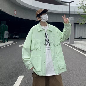 日系青春流行男时尚翻领慵懒风衣潮百搭潮流纯色秋季简约新款图片