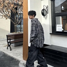 2025新款嘻哈扎染格纹破坏毛边衬衫男女宽松百搭秋季长袖衬衣外套，男装衬衫，星座506A
