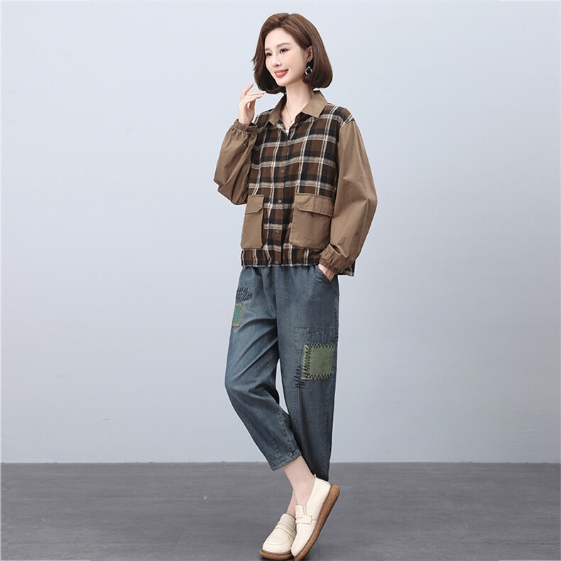 时尚格子拼接宽松休闲套装女秋冬季新款韩版显瘦长袖两件套裙子,女装套装/套裙,叶笙衣