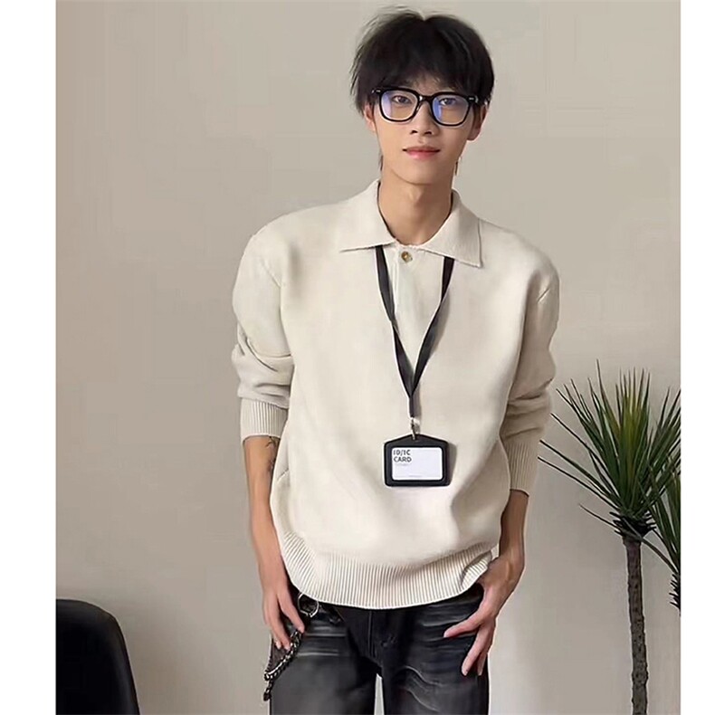 重磅秋冬北极绒亨利领毛衣开衫美式复古休闲慵懒风纯色翻领针织衫图片