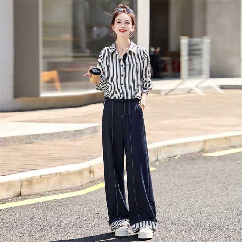 条纹衬衫牛仔阔腿裤套装女2025春秋新款韩版休闲减龄设计感两件套,女装套装/套裙,木子恋
