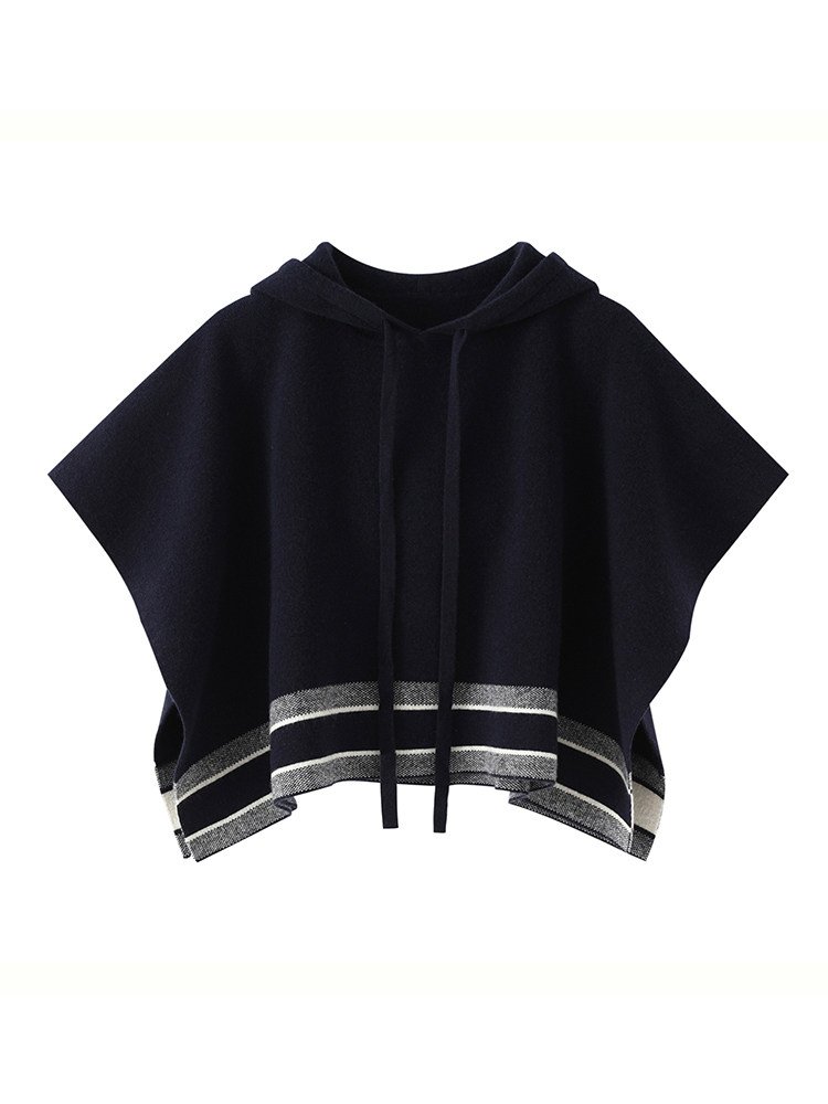 2025年秋季新款百搭女士四平针连帽斗篷披肩，披肩，美高戎羊绒