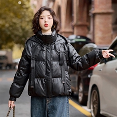 【冬季女装新款】时尚休闲白鸭绒PU皮羽绒服P285-K385，女装羽绒服，简古