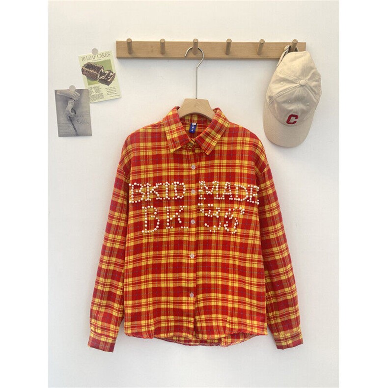 夏季新款珍珠刺绣格子长袖衬衫潮流宽松百搭上衣，男装衬衫，星座410-7