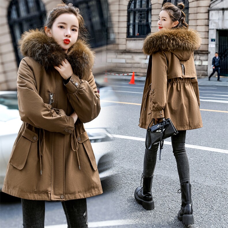 棉衣/棉服2021新款冬仿羊羔毛中长款工装带帽派克服女外套，女装派克服，瑶迪依秀