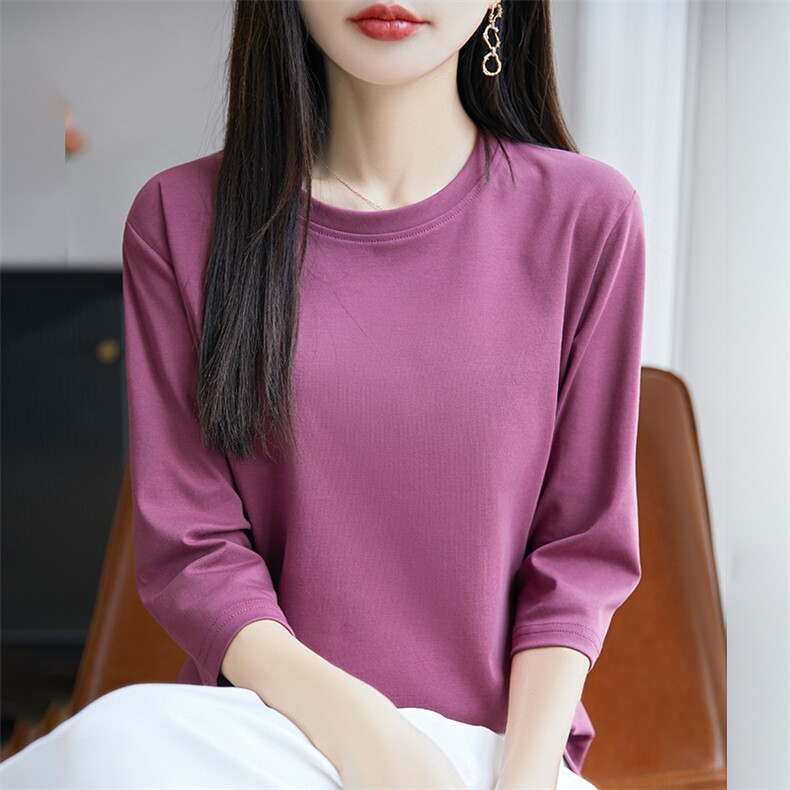 夏季新款七分袖女圆领纯棉t恤宽松百搭薄款内搭半袖打底衫上衣,女装T恤,羊秋羊绒