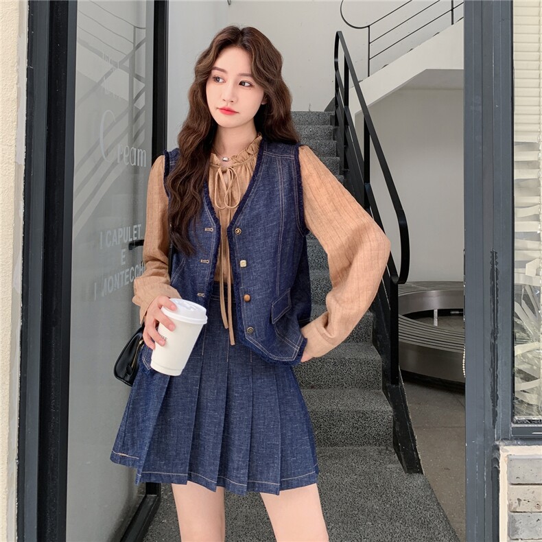 复古设计感牛仔马甲套装女秋季2025新款学院衬衫休闲百褶裙三件套,女装套装/套裙,2C028