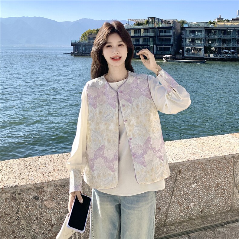 紫色高级感撞色刺绣风马甲小衫套装两件套女早春秋两面穿马夹,女装短外套,艾米莉亚