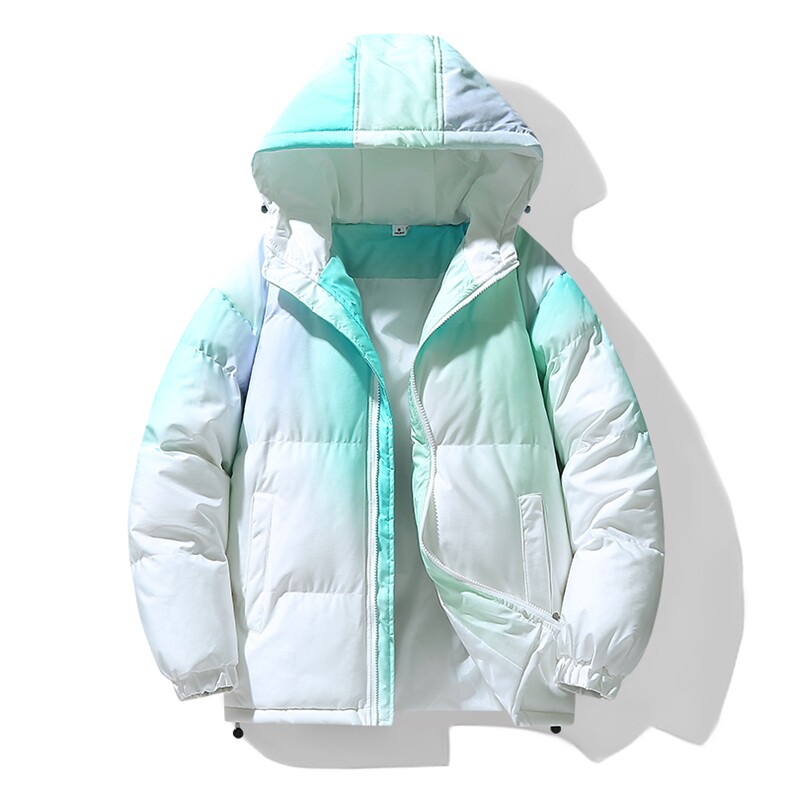 男女同款渐变色羽绒棉衣冬季加大加厚面包服炫彩渐变连帽扎染棉袄，男装棉衣，电商A409-1