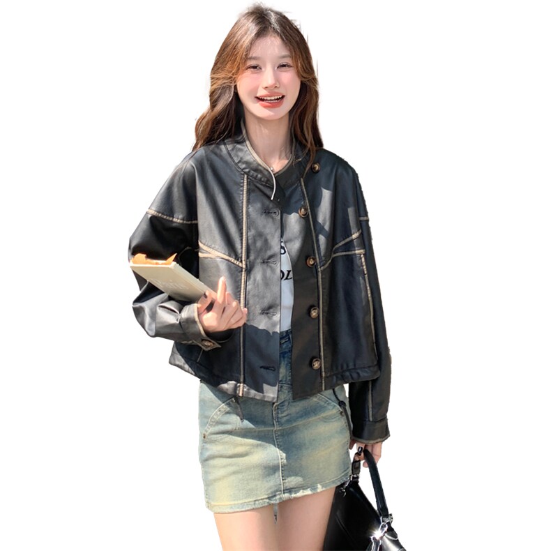 美拉德皮衣外套女小个子2024秋季新款美式复古棕色立领短款皮夹克,女装皮衣,纯色衣恋