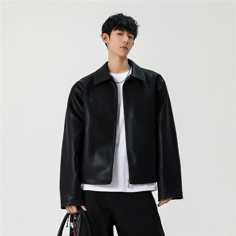 美式cleanfit短款皮衣外套男生潮牌高级感痞帅街头翻领机车服夹克图片