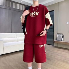 港风套装男休闲宽松时尚拼接色圆领短袖T恤短裤两件套-TZ1718-P57，男装牛仔裤，星座310B-3
