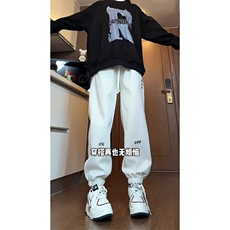 杏色刺绣运动裤子宽松bf慵懒风美式卫裤男款秋季青少年束脚休闲裤，男装休闲裤，星座506A