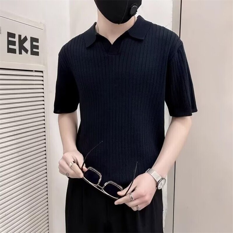 polo衫男纯色翻领短袖T恤夏季修身V领冰丝半袖t恤网图MD47-p45,男装T恤,星座302B-2