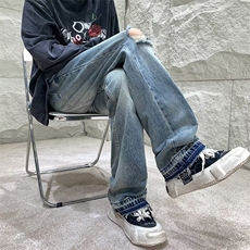 美式复古水洗拼接牛仔裤高街潮牌破洞宽松直筒休闲微喇叭裤子男，男装牛仔裤，星座410-6（原星座1304-1）
