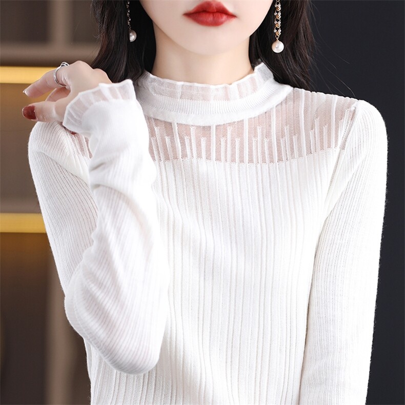 正品简织禾100纯羊绒衫女新款蕾丝拼接时尚长袖羊毛针织打底衫薄，女装针织衫/毛衣，暖烁羊绒