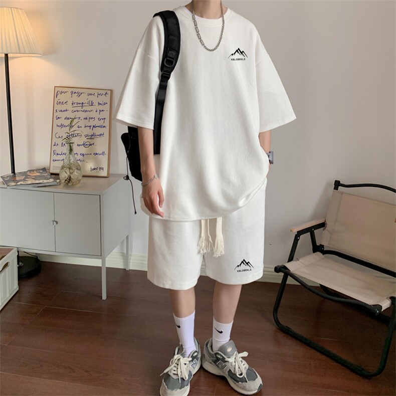 套装！华夫格套装男T恤短裤两件套大码港风TZ77-P50,男装休闲套装,电商B367