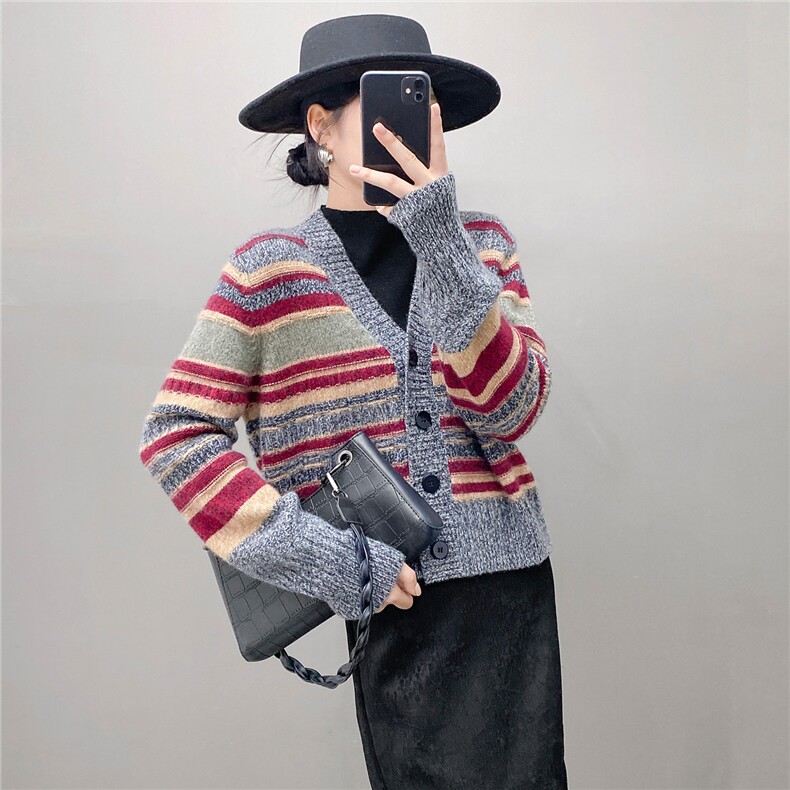 HE|色彩如阳拼色加厚baby山羊绒针织开衫女V领短款宽松毛衣外套,针织衫/毛衣,国旺羊绒