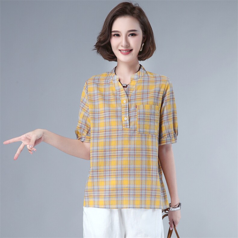 夏季格子衬衫女V领短袖2026年新款复古宽松显瘦衬衣薄款T恤衫上衣,女装衬衫,板酷