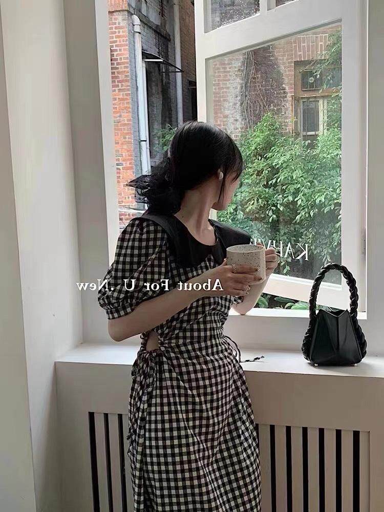 腰部小设计格子连衣裙，女装连衣裙，欧妮卡蒂蔓