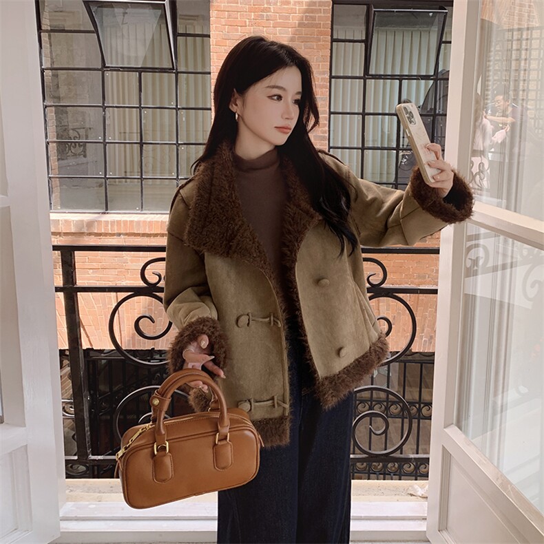 2024冬季新款女装仿羊羔毛外套时尚保暖显瘦短款大衣，女装羊羔毛/颗粒绒，灵力轩